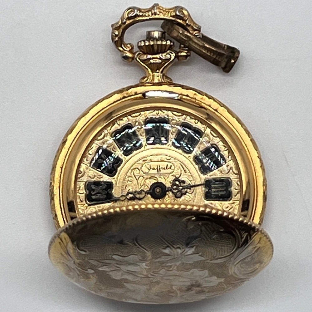 Vintage Sheffield Pocket Watch Pendant Gold Tone Floral Roman Numerals